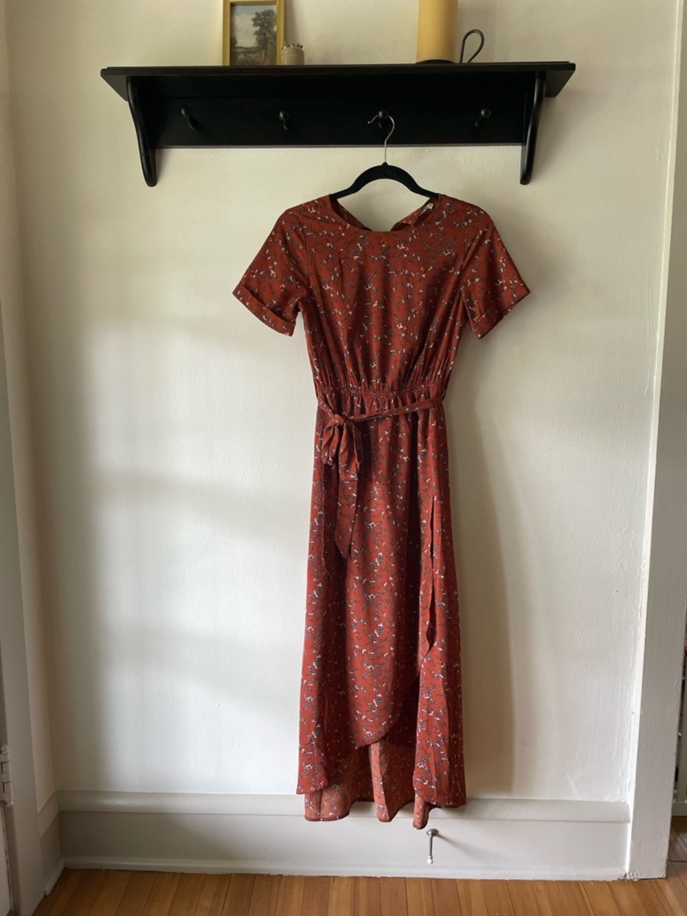 Roolee Rust Floral Tie-Waist Maxi Dress with Short Sleeves